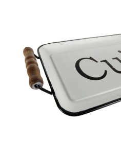 Bandeja esmaltada blanca estilo vintage con asa de madera, servicio de mesa y cocina 2
