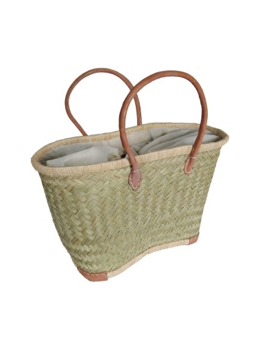 Panier à provisions avec poignées en cuir multicolore vert pâle avec fermeture à cordon intérieur avec feuille de raphia