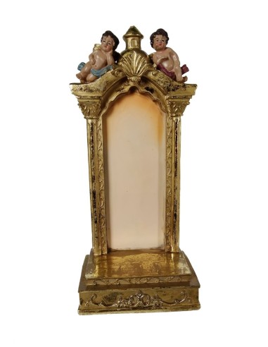 Fornícula de resina de sobretaula per a exposició de figures color daurat amb àngels en cúpula