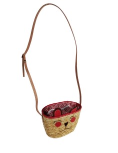 Bolso bandolera infantil de fibras naturales con dibujo de color rosa y cierre de cremallera. 2