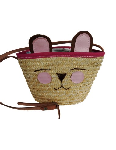 Sac à bandoulière pour enfants en fibres naturelles avec un dessin rose et une fermeture à glissière.