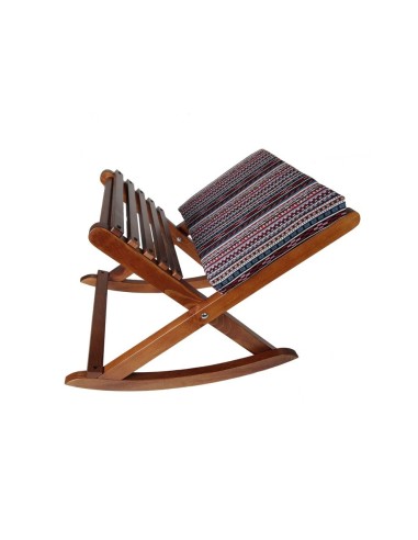 Reposapiés plegable de madera maciza de base ancha, color avellana y acolchado étnico, mueble auxiliar. Medidas: 14x58x37 cm.