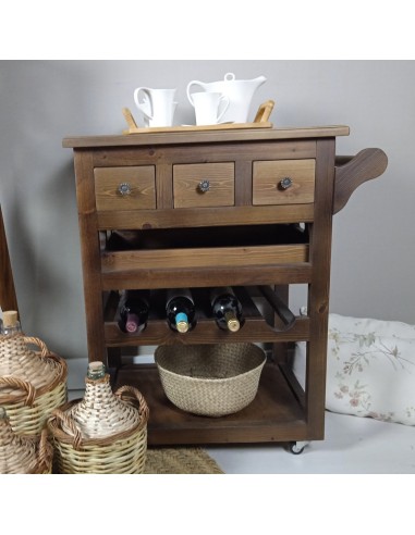 Cistella Cambrera de Cuina de Fusta amb Safata, Ampoller i Tres Calaixos, Útils de Cuina i Menjador.