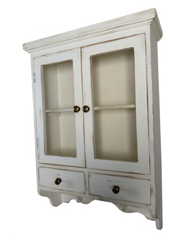 Armario Especiero de Madera con Puertas de Cristal Estilo Retro de Color Blanco Envejecido. Medidas: 61x44x15 cm.