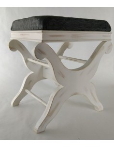 Reposapiés Artesanal de Madera Maciza en Blanco Envejecido y Tapizado Gris Estilo Vintage. 2