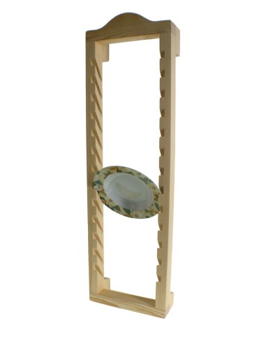 Porte-assiettes vertical en bois avec 12 assiettes de Ø 25 cm. accrocher au mur, à la cuisine.