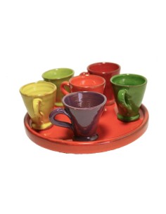 Juego de café de arcilla en colores combinados estilo rustico 6 tazas y bandeja menaje de mesa. Medidas: 8x20x20 cm.
