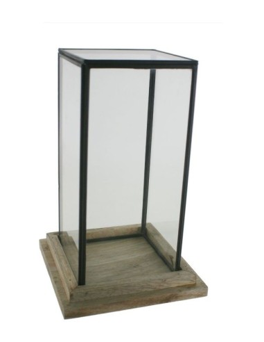 Urne carrée haute en verre avec profil en métal et base en bois naturel pour affichage décoratif.