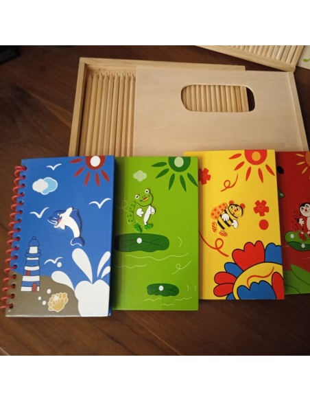 Libreta Infantil Hojas a Rayas con tapas de madera de Color Amarillo decorada con mariquita y sol
