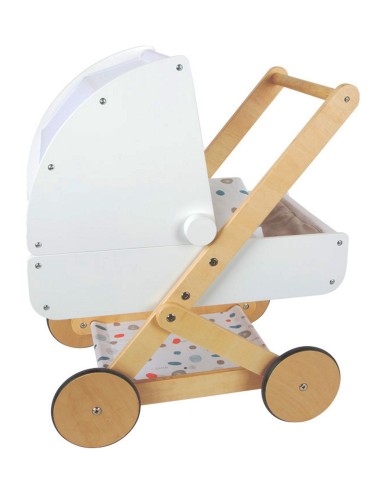 Cochecito de Muñecas en Madera con Capota Removible y Juego de Sabanas y Edredón Estilo Escandinavo.