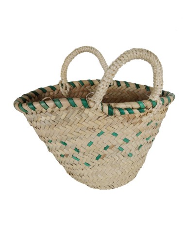 Sac de nacelle pour enfants en raphia avec décoration et poignée en corde, produit fait à la main.