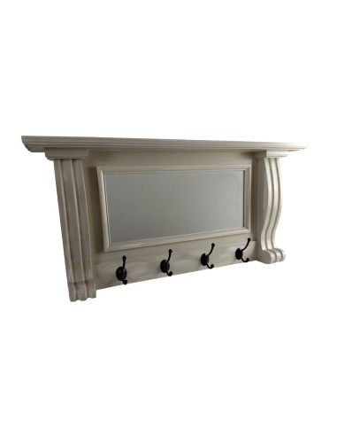 Penjador de paret quatre ganxos fusta massissa blanc decapat i mirall llar vintage. Mides: 44x89x12 cm.