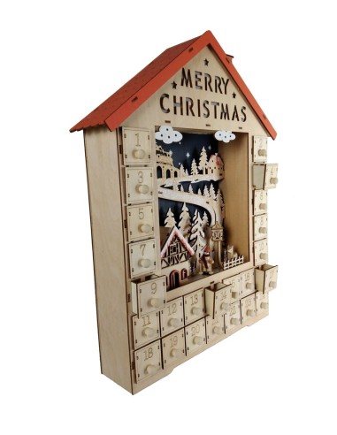 Calendrier de l'Avent en bois illuminé avec décoration hivernale, design nordique.
