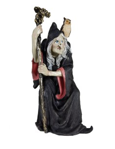 Bruixa amb Mussol, Encant Místic i Enigmàtic de Resina, Color Negre, Figura per a Ambient esotèric.