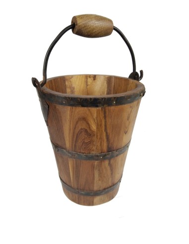 Seau en bois d'acacia avec poignée, artisanat de style vintage pour la décoration intérieure.