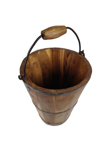 Seau en bois d'acacia avec poignée, artisanat de style vintage pour la décoration intérieure.