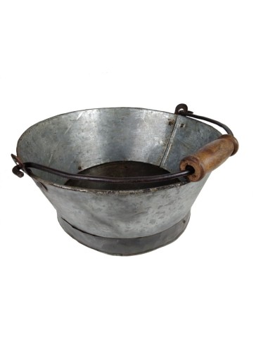 Seau en métal avec anse en bois, récipient de style vintage et rustique, idéal pour les décorations.