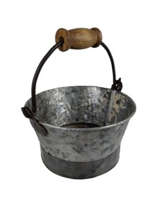 Cubo de Metal con Asa de madera, Recipiente de estilo Vintage y Rústico, ideal para decoraciones.