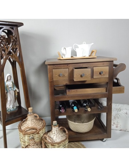 Cistella Cambrera de Cuina de Fusta amb Safata, Ampoller i Tres Calaixos, Útils de Cuina i Menjador.