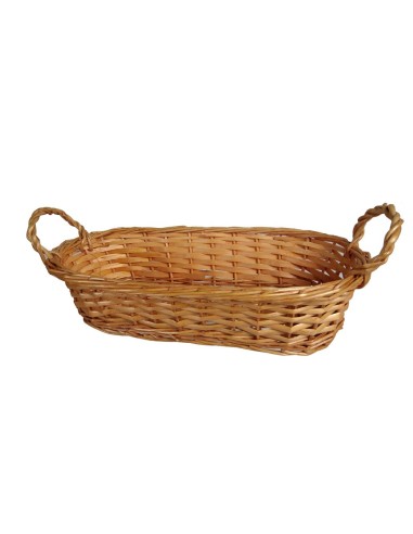 Panier à pain allongé en osier avec poignée couleur miel pour pain, fruits, noix ou panier décoratif. Dimensions : 13x38x16 cm.