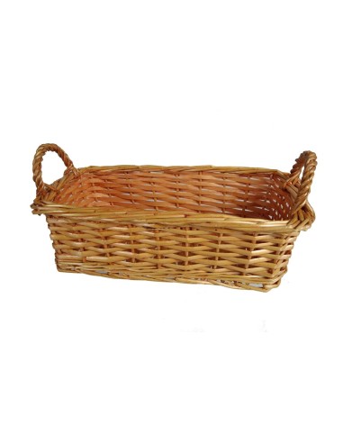Corbeille à pain rectangulaire en osier avec anse couleur miel pour pain, fruits, ou panier décoratif. Dimensions:13x27x13cm.