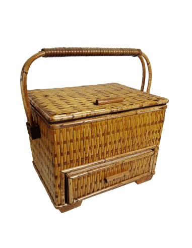 Grande boîte à couture en osier naturel avec poignée et tiroir, rangement, fournitures de couture.