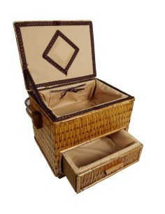 Grande boîte à couture en osier naturel avec poignée et tiroir, rangement, fournitures de couture. 2