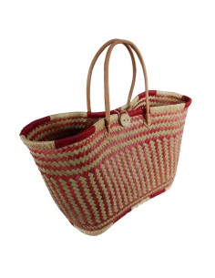 Cesta de la Compra con asas de cuero, Capazo Artesanal de Rafia, Color Rojo, Cierre Central con Botón