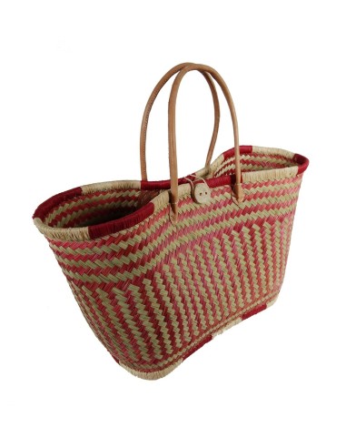 Panier à provisions avec anses en cuir, panier en raphia fait main, rouge, fermeture à bouton central.