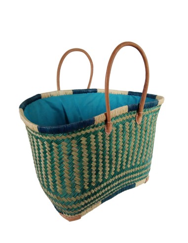 Panier à provisions avec poignées et doublure en cuir, panier en raphia fait main en vert et bleu.