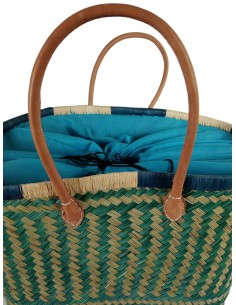 Cesta de la Compra con asas de cuero con Forro, Capazo Artesanal de Rafia Color Verde y Azul. 2