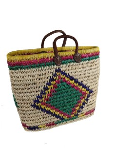 Grand panier en palmier coloré avec poignée en cuir, idéal pour la plage, le shopping ou comme cadeau.