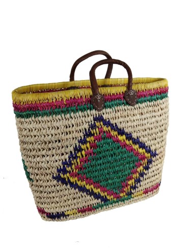 Grand panier en palmier coloré avec poignée en cuir, idéal pour la plage, le shopping ou comme cadeau.