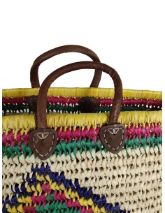 Grand panier en palmier coloré avec poignée en cuir, idéal pour la plage, le shopping ou comme cadeau. 2