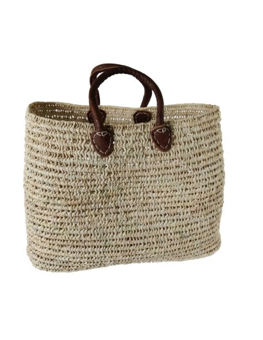 Panier en feuille de palmier avec poignée en cuir, idéal pour la plage, le shopping ou comme cadeau.