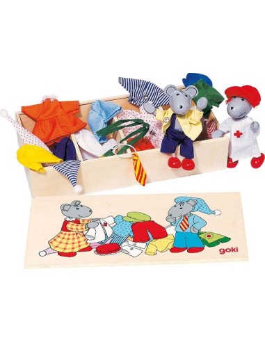 Caja de Ropa con Ratoncitos Articulados de Madera con Disfraces Juego Infantil de Motricidad Fina.