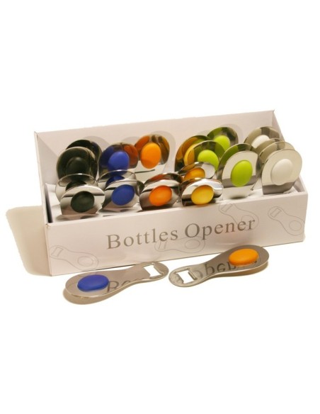 Abridor de botellas en metal inoxidable abrebotellas con detalle en color utiles de cocina. Medidas: 12x5 cm.