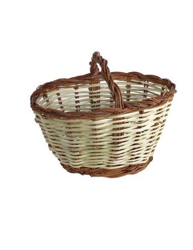 Panier à champignons artisanal en rotin et osier avec poignée, idéal pour la maison.