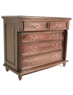 Commode coloniale en acajou massif, cinq tiroirs, style classique haut de gamme.
