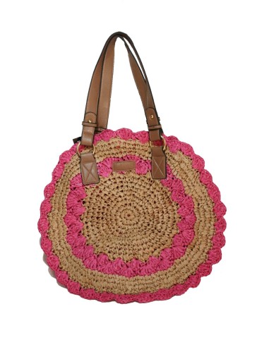 Sac rond en raphia rose avec doublure en cuir à l'intérieur