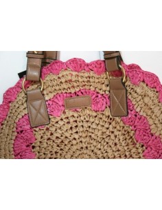 Sac rond en raphia rose avec doublure en cuir à l'intérieur 2