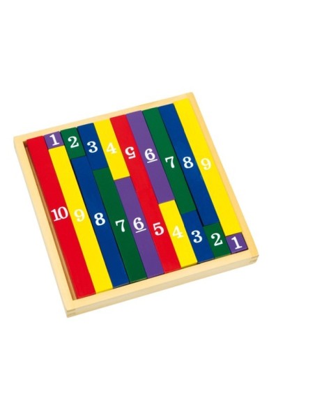 Regletes de fusta de diferents longituds per aprendre matemàtiques barretes de Càlcul. Mides: 20x20 cm.