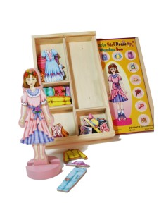 Nina magnètica per vestir de fusta amb vestits en imant joguina d'habilitat i educativa. Mides: 17x24 cm.