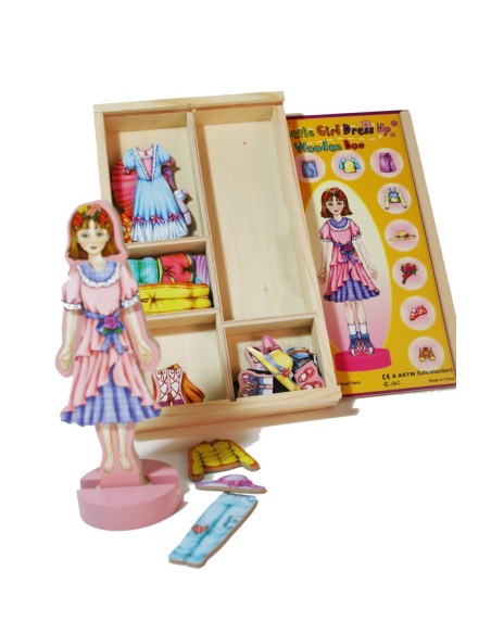 Muñeca magnética para vestir de madera con vestidos en imán juguete de habilidad y educativo. Medidas: 17x24 cm.