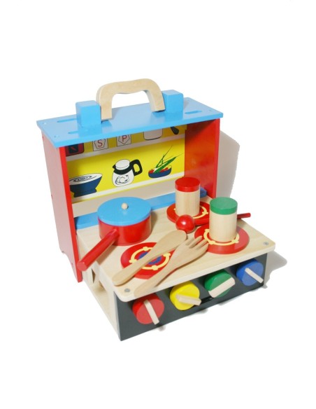 Cocina de madera infantil de juguete con accesorios. Medidas: 26x28x30 cm.
