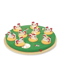 Joc de memòria 2-5 jugadors buscar el 5è ou joc de taula al tauler de fusta amb figures de gallines. Mides: Ø30 cm.