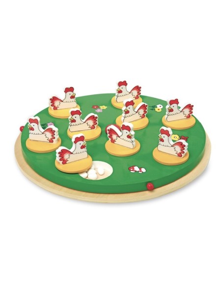 Juego de memoria 2-5 jugadores buscar el 5º huevo juego de mesa en tablero de madera con figuras de gallinas. Medidas: Ø30 cm.