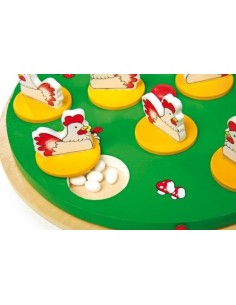 Jeu de mémoire 2 à 5 joueurs trouvent le 5ème jeu de plateau d'œufs sur une planche en bois avec des figures de poulets 2