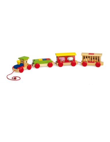 Tren de Fusta Envernissada amb Animals de Granja i de Circ i Peces de Construcció Joguina de Motricitat.