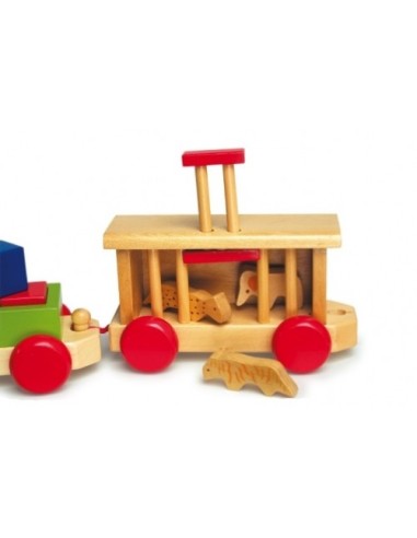 Tren de Madera Barnizada con Animales de Granja y de Circo  y Piezas de Construcción Juguete de Motricidad.
